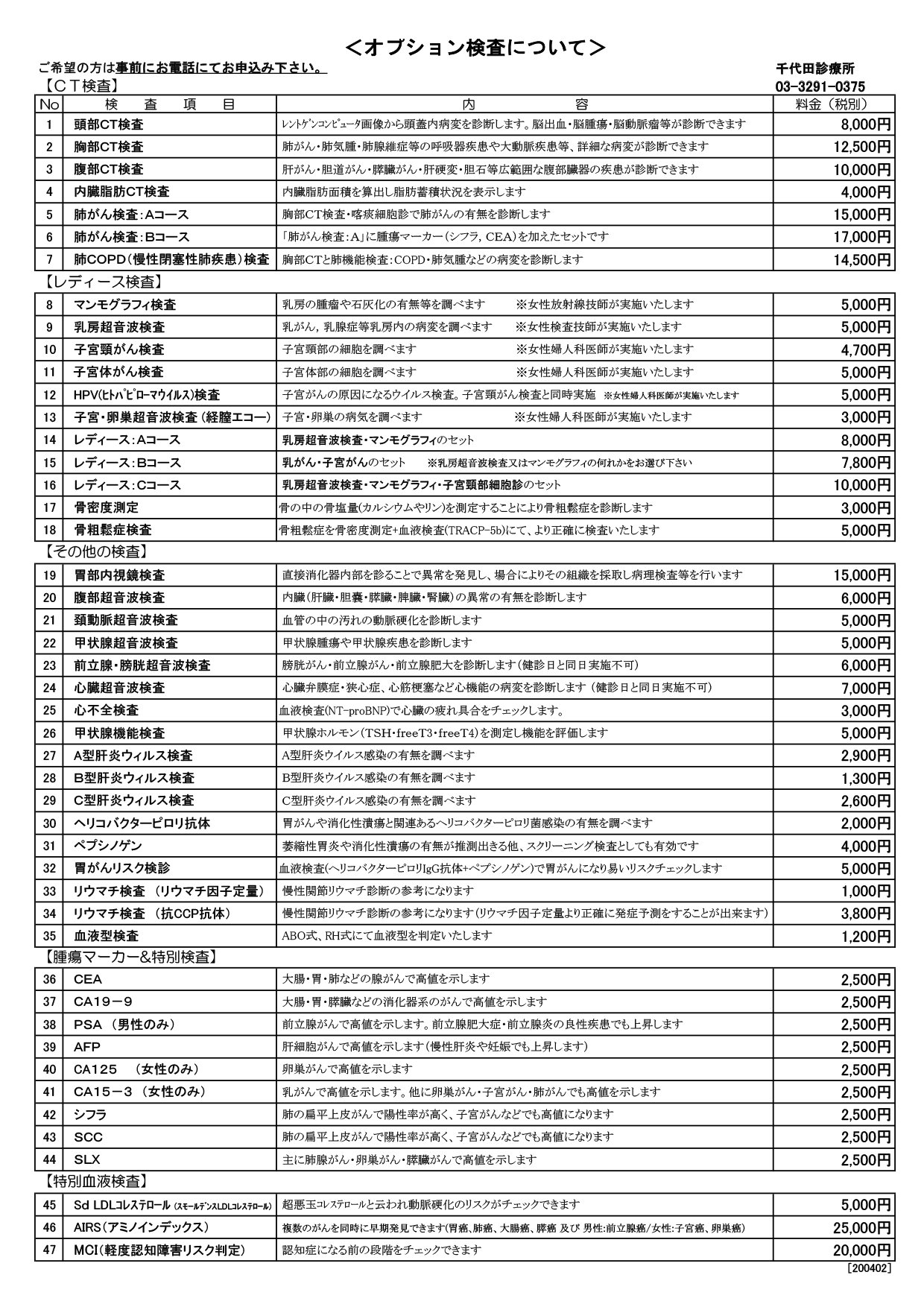 オプション料金表