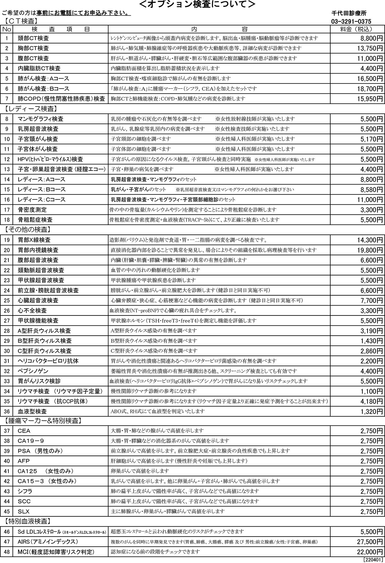 オプション料金表
